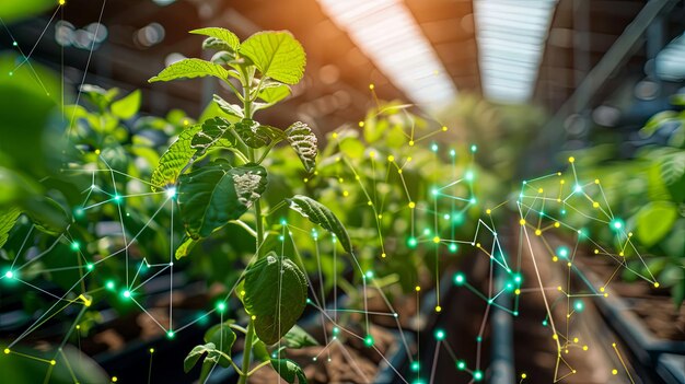 Photo green plant with abstract network overlay in a greenhouse