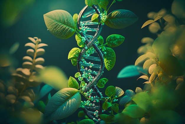 A green plant with a dna strand in the center