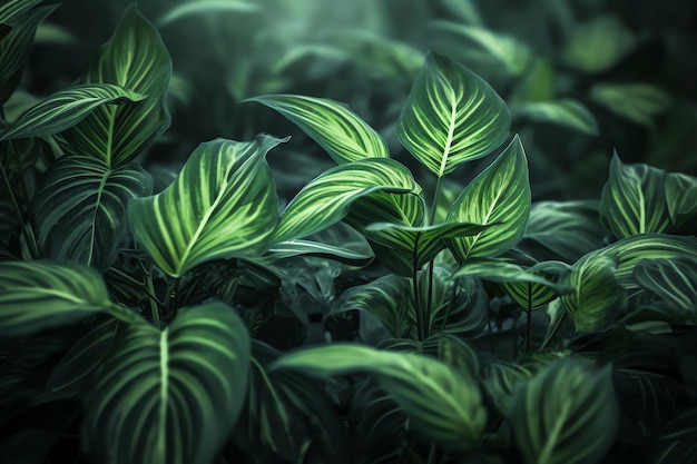 A green plant with large leaves is surrounded by green plants