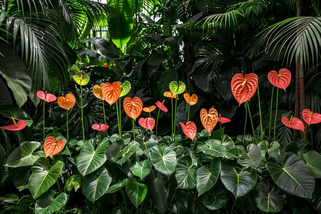 Photo a green plant with orange and red flowers in a garden