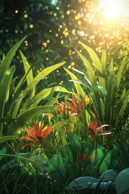 A green plant with red flowers in the foreground and a bright sun shining through the leaves.