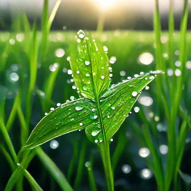 a green plant with water drops on it and the sun shining through the grass