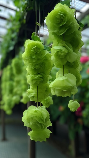 Green plants hanging from a green roof