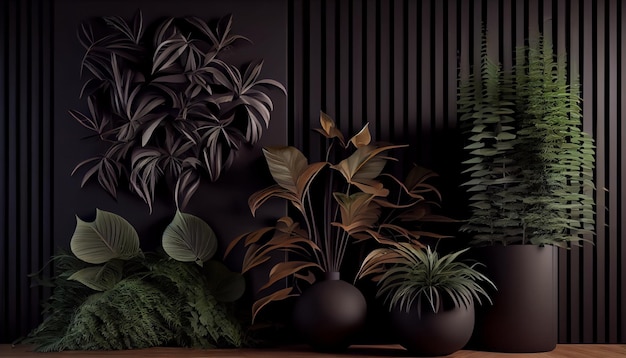 Green plants on stands in the luxurious interior of the classic style of the black dining room