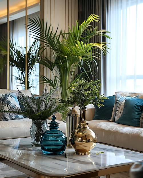 Green Plants and Vases in Tall Living Room