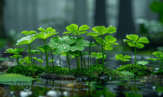 Green plants and water in the forest A shamrock leaves grow up and down in front of fern in the background