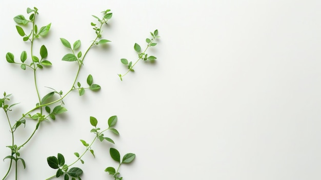 Green plants on white background with copy space flat lay top view Natureinspired minimalistic composition for interior design wellness concept