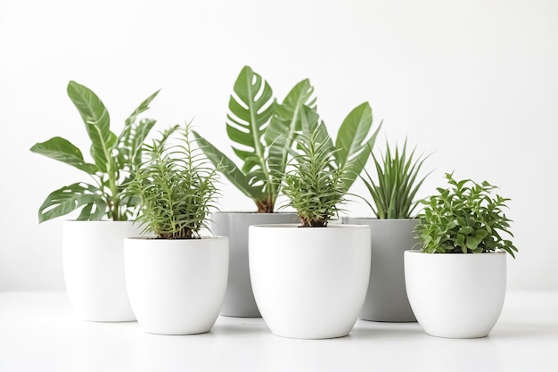 Green plants in white pots on a white background