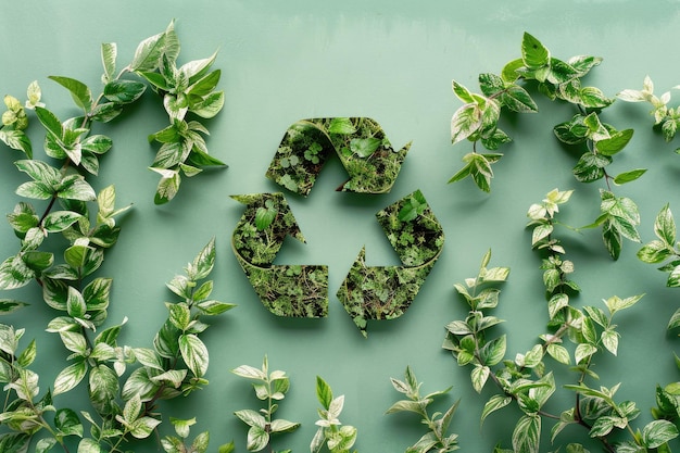 Green plants with recycling logo resembling buds Planting greenery in modern conceptual art collage