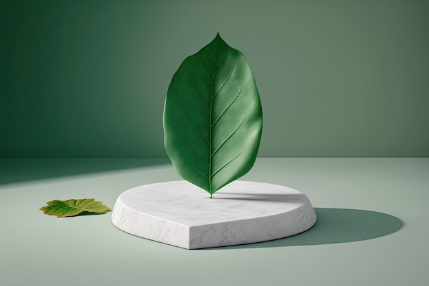 Green plaster background an empty white stone display pedestal and a leaf on the ground