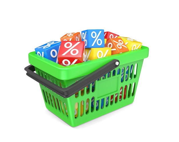 Green plastic basket full of multicolored percent cubes isolated on white