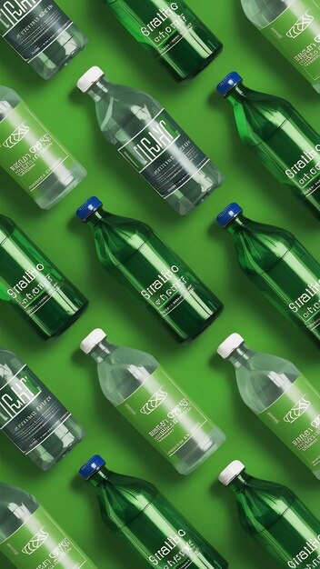 Photo green plastic bottles and containers on green background