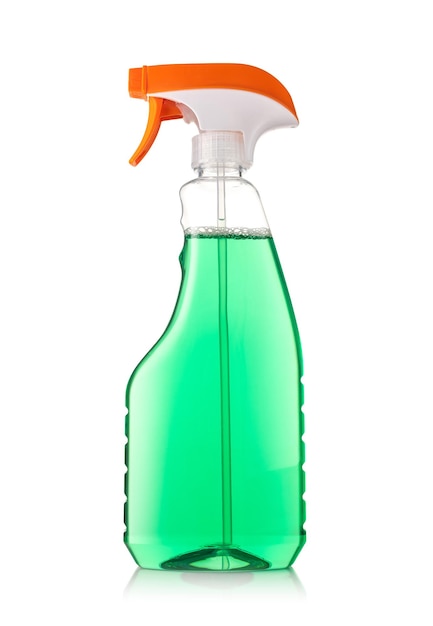 Green plastic dispenser with cleaning liquid on white background