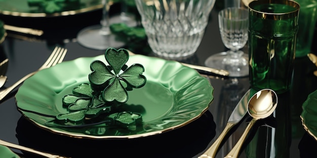 A green plate featuring a four leaf clover