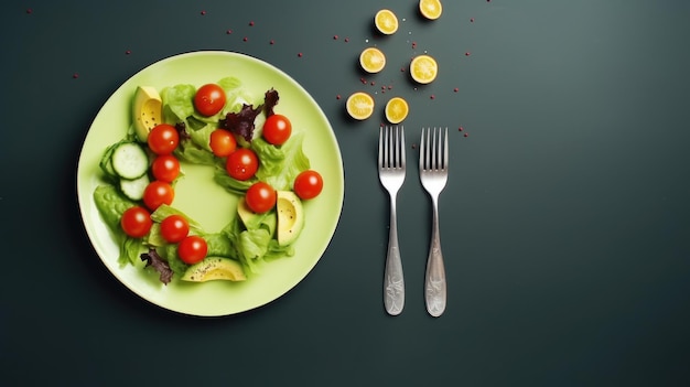 Photo a green plate topped with a salad next to a fork and knife ideal for food and dining concepts