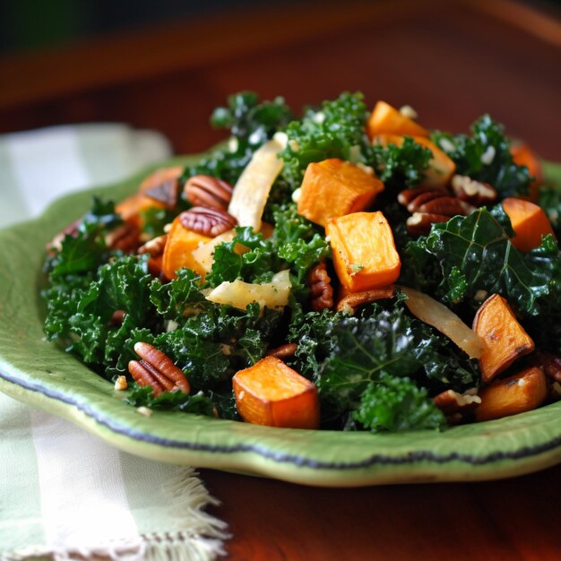 A green plate with kale, pecans, and kale on it.