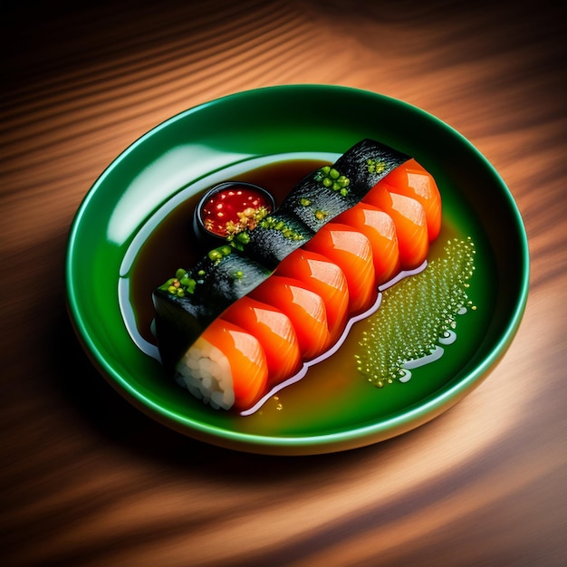 A green plate with sushi on it and a wooden table.