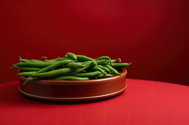 green podium close shot red backg studio with green bean