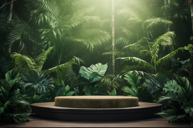 Green podium in lush tropical foliage