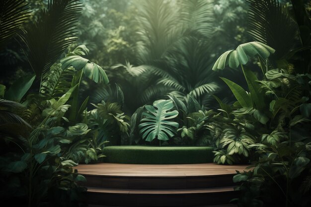 Green podium in lush tropical foliage