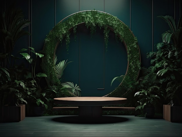 Green podium in modern tropical background for product placement 3d render AI Generative