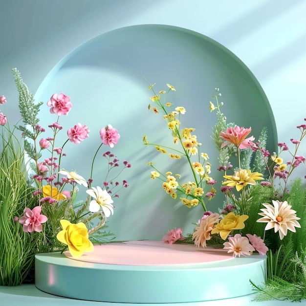 A green podium surrounded by flowers and plants with a light pink background podium display