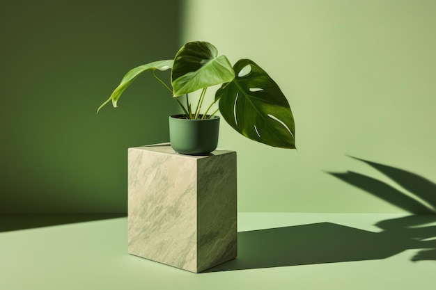 Green Podium With Abstract Rock Pedestal And Leaf Shadow