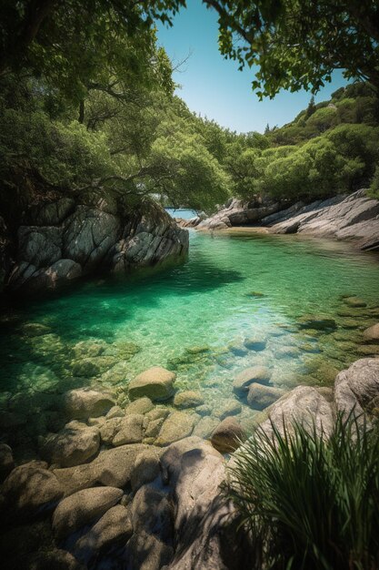 A green pool with clear water and trees in the background.