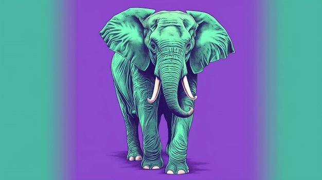 A green poster of an elephant with a purple shirt