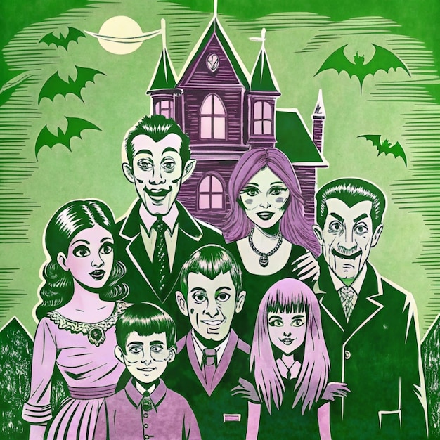 a green poster with a family in front of a purple house with a purple house on the front