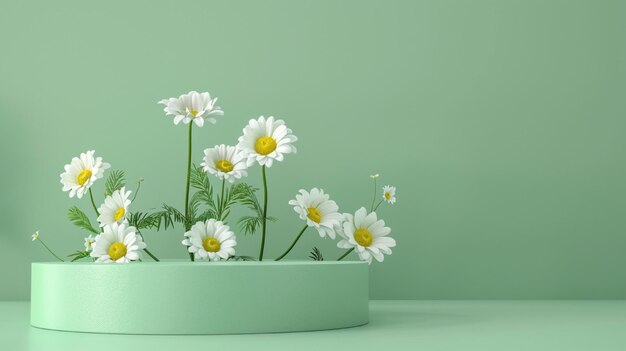 Photo a green pot with daisies in it and a white flower in the middle