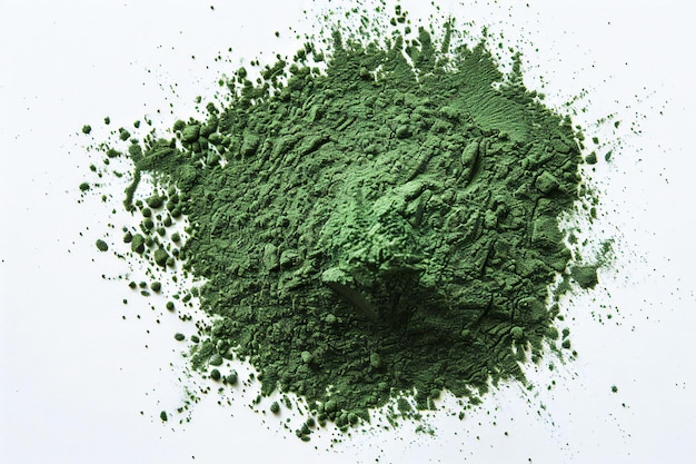 Green powder isolated on white background top view flat lay