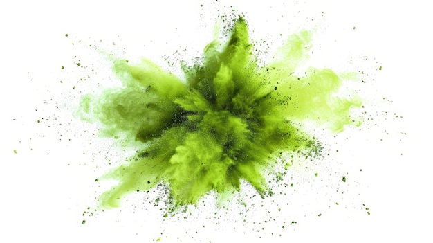 A green powdery substance is scattered across a white background