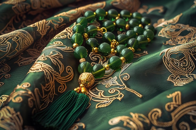 Green prayer beads laid on a patterned fabric suggesting a spiritual or religious context