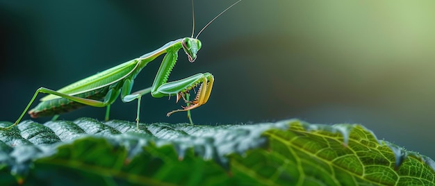 Photo green praying mantis on leaf in natural habitat