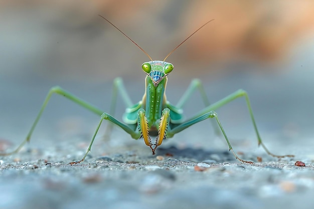 Green praying mantis standing on concrete motion capture photography