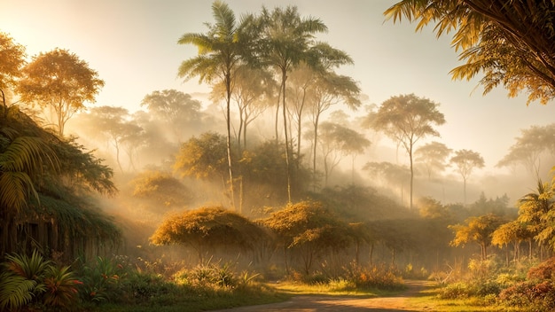 Green prehistoric jungle with lush vegetation and house