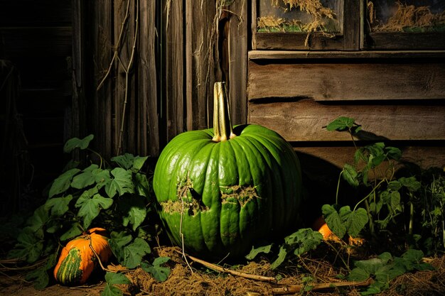 Photo green pumpkin near an old shed green pumpkin agricultural rural farming image photography