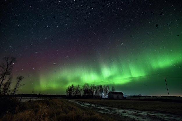 A green and purple aurora borealis is lit up in the night sky.