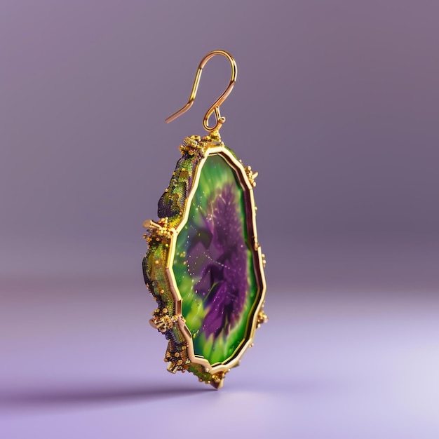 Green and purple gemstone earring with gold setting on a purple background