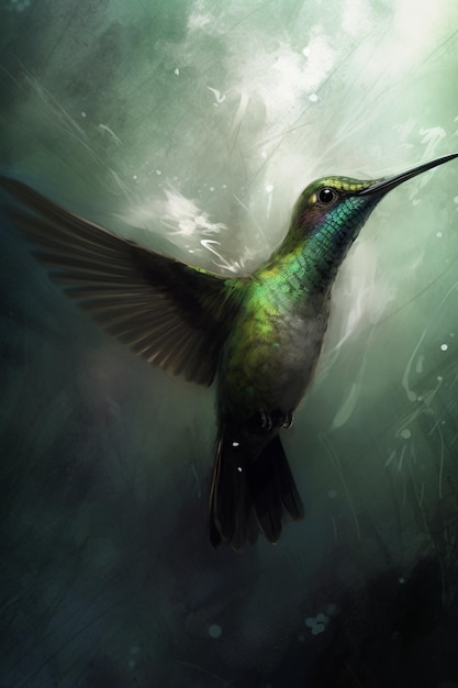 A green and purple hummingbird is flying in the air.