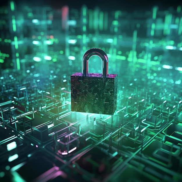 A green and purple padlock is surrounded by squares and the word lock.