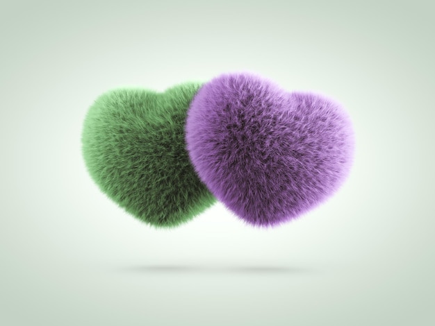 Green and Purple Pair of Fluffy Hearts Valentines Day 3D illustration