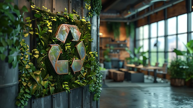 Photo green recycle symbol icon sign with professional environment background to represent recycling