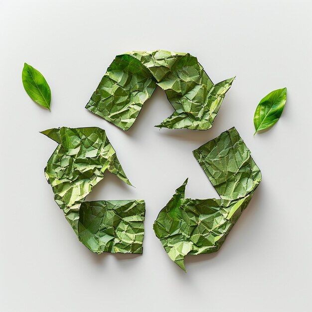 A green recycle symbol is laying on a white surface