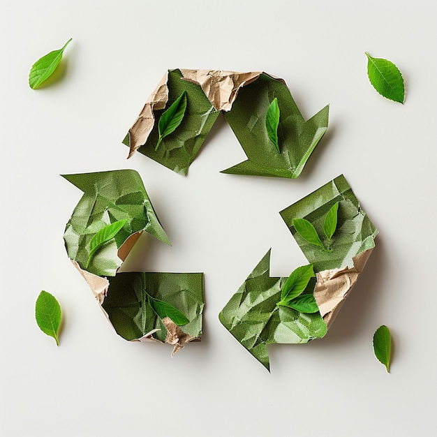 A green recycle symbol is laying on a white surface