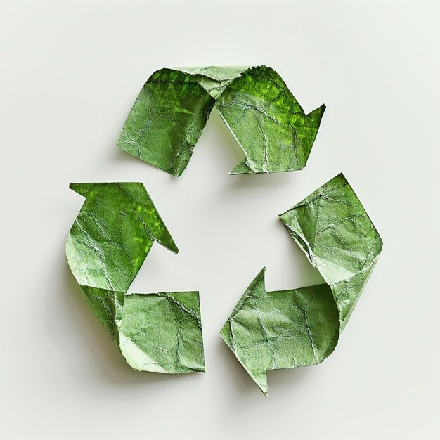 A green recycle symbol is laying on a white surface