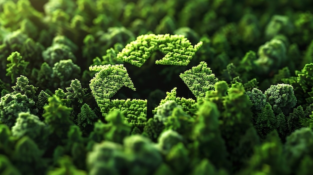 a green recycle symbol is placed in a pile of green plants