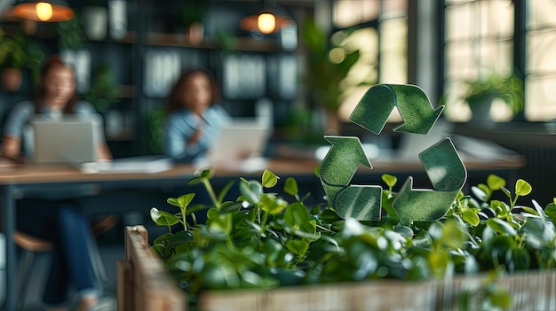 Photo green recycling symbol in plant bed within workplace