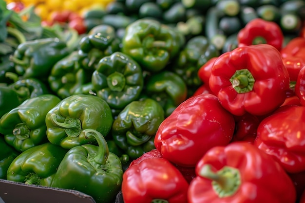 Green and Red Bell Peppers in a Box at a Farmers Market